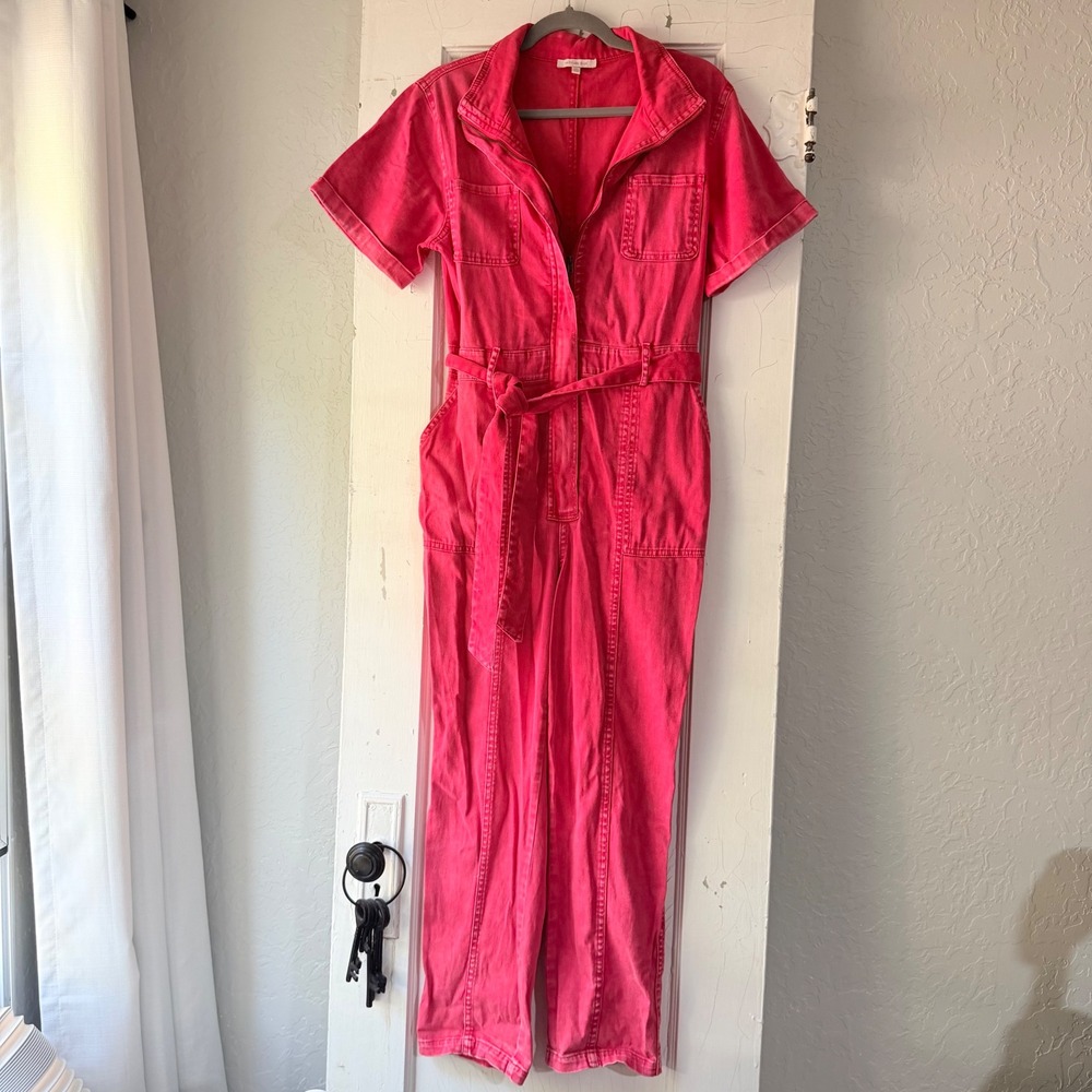 Skies Are Blue Womens Pink Denim Utility Jumpsuit XS Boiler Suit Short Sleeve
